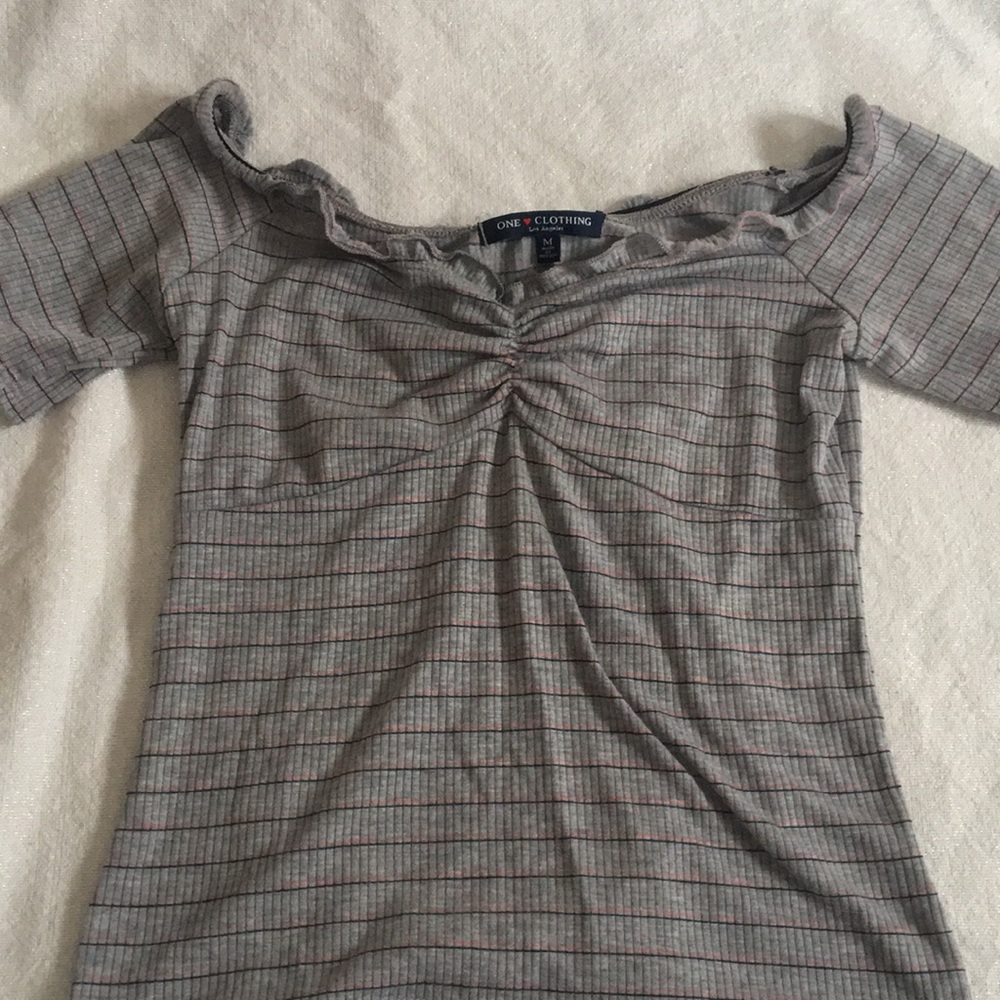 Grey and pink striped off the shoulder top!!
